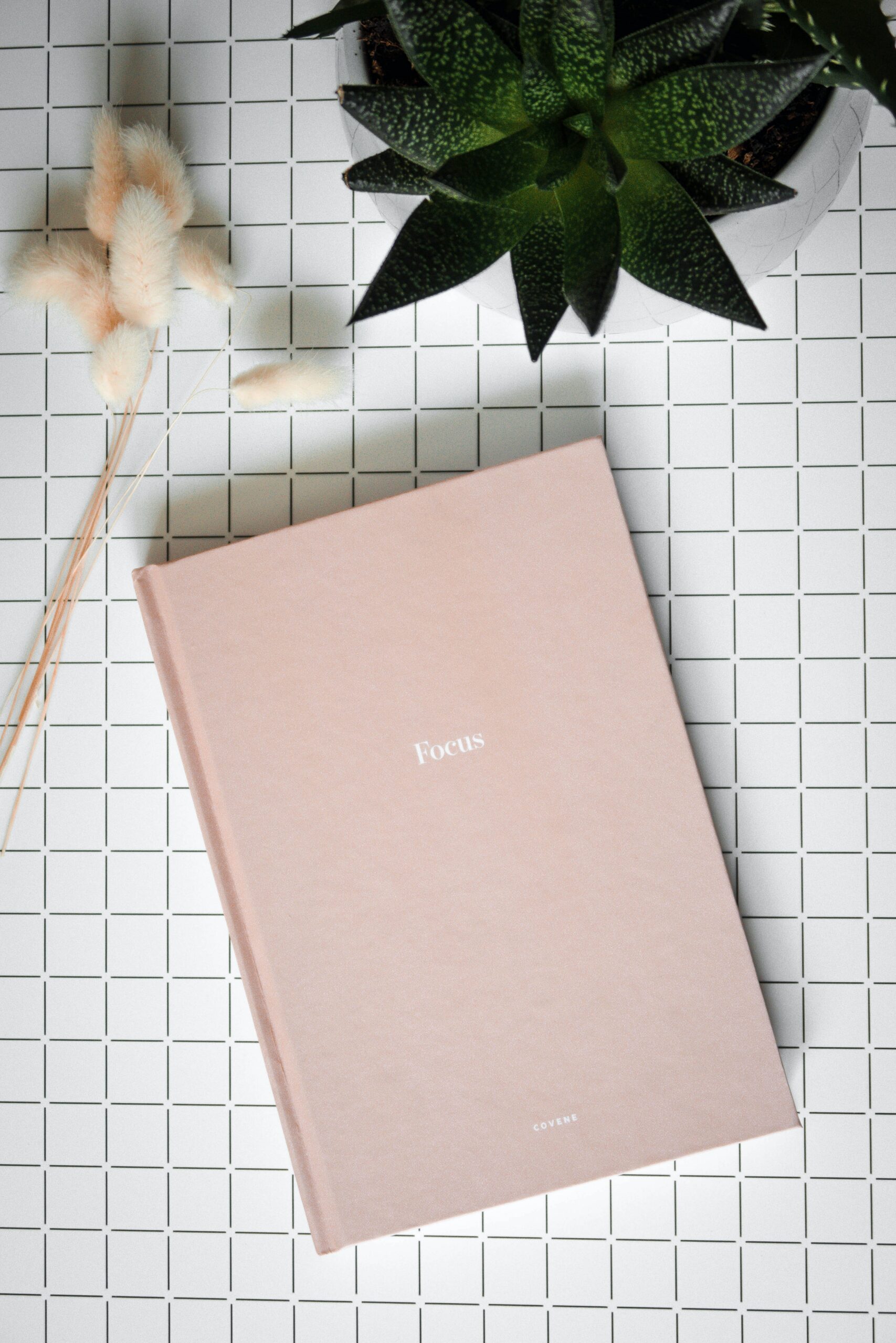 Overhead image of a blush pink planner with the word "focus" engraved in gold on the cover.
