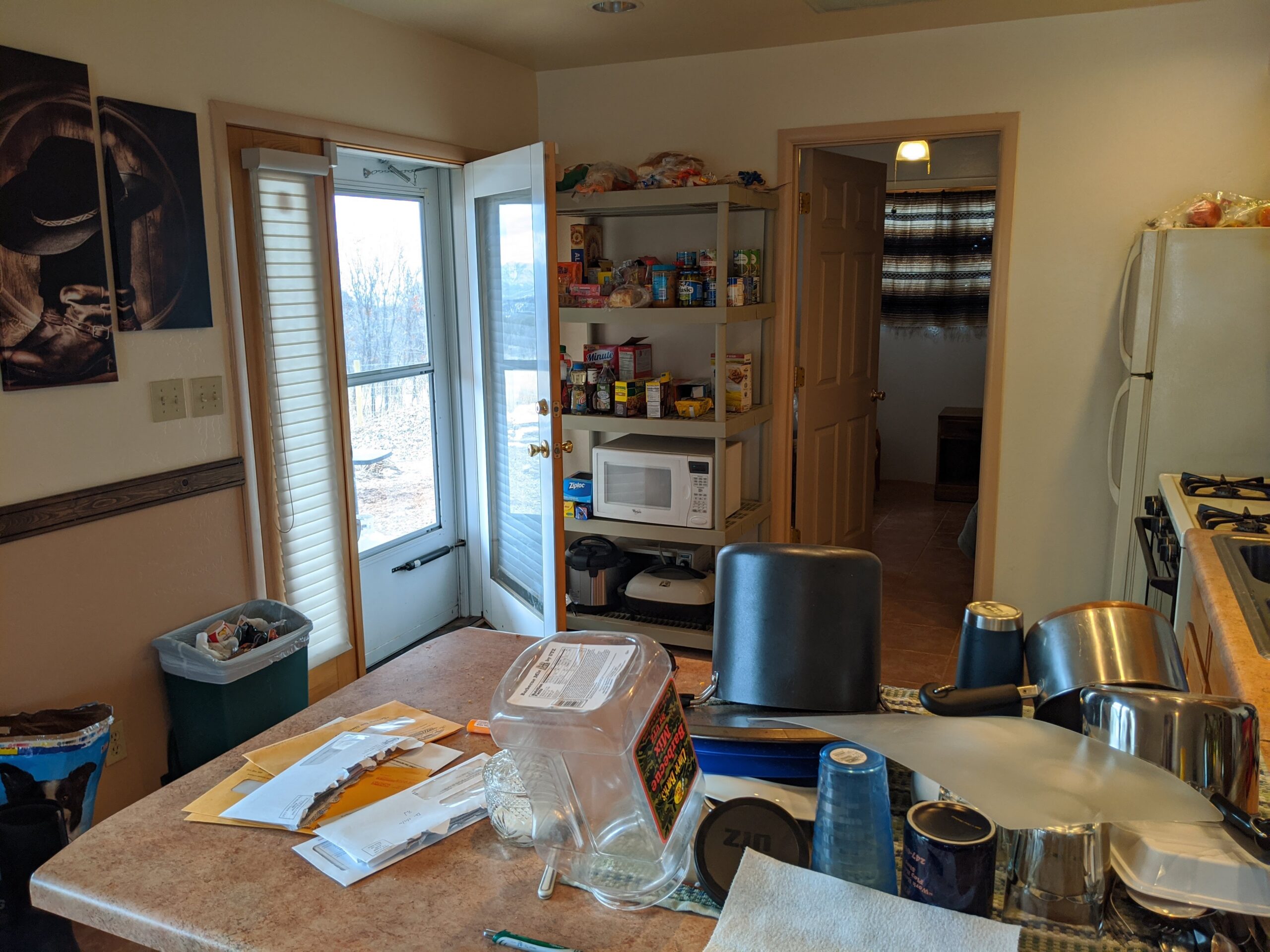 Busy family kitchen with dishes drying on the counter, mail piled on the counter, and no extra space for cooking